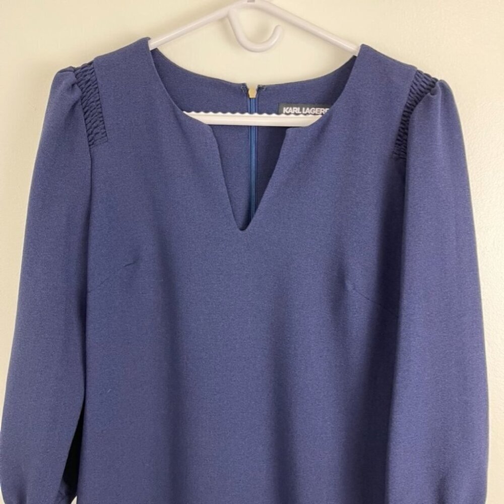 Karl Lagerfeld Navy Blue Shift Dress w/ Pearl Button 3/4" Sleeves - Picture 3 of 11